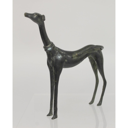 373 - Chinese bronze figure of a standing hunting dog or greyhound of elongated stylised form, 22.5cm high... 