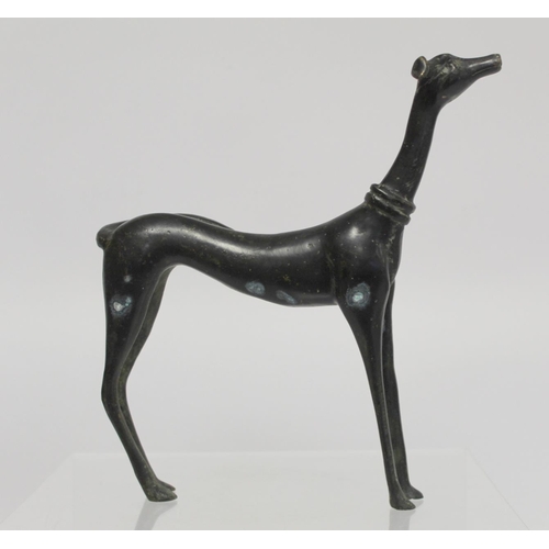 373 - Chinese bronze figure of a standing hunting dog or greyhound of elongated stylised form, 22.5cm high... 