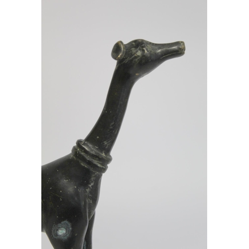 373 - Chinese bronze figure of a standing hunting dog or greyhound of elongated stylised form, 22.5cm high... 