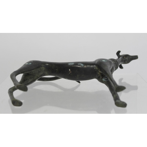 373 - Chinese bronze figure of a standing hunting dog or greyhound of elongated stylised form, 22.5cm high... 