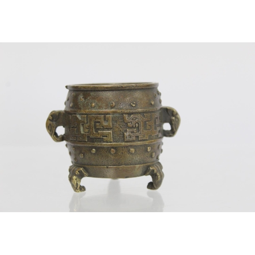 374 - Chinese miniature barrel shaped vessel of censor with twin elephant mask handles and tripod feet, ar... 