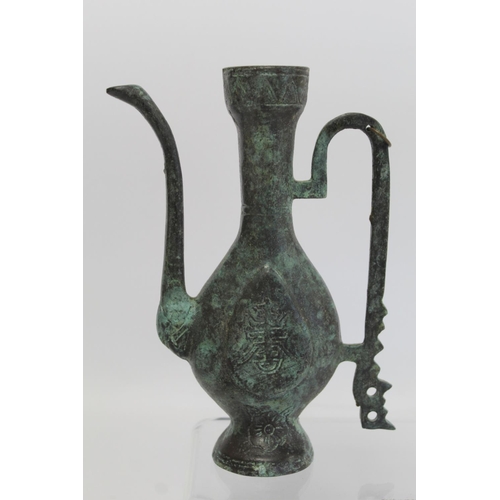 375 - Small Chinese bronze wine ewer with incised decoration and verdigris patina, 18cm high; a circular b... 