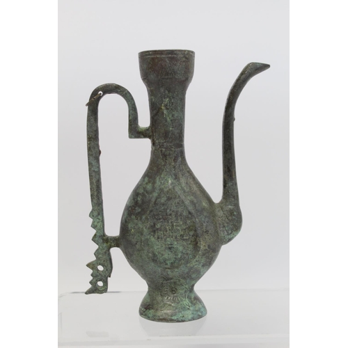 375 - Small Chinese bronze wine ewer with incised decoration and verdigris patina, 18cm high; a circular b... 