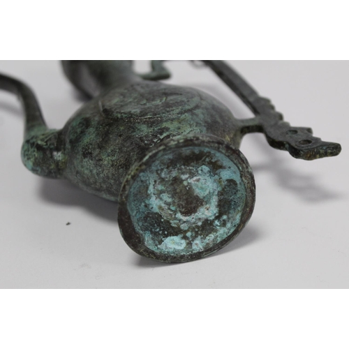 375 - Small Chinese bronze wine ewer with incised decoration and verdigris patina, 18cm high; a circular b... 