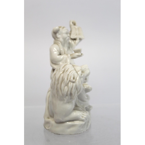 376 - Chinese blanc de chine porcelain figure of the lion Spirit King (Shituowang) sitting on a lion holdi... 