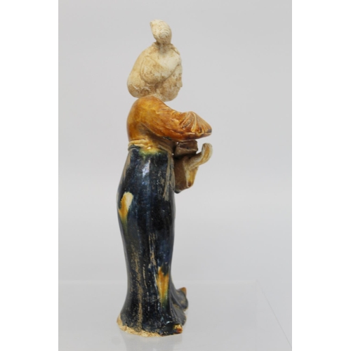 379 - Chinese Sancai glazed figure of a Tang dynasty female musician holding a guqin, the head and ne... 