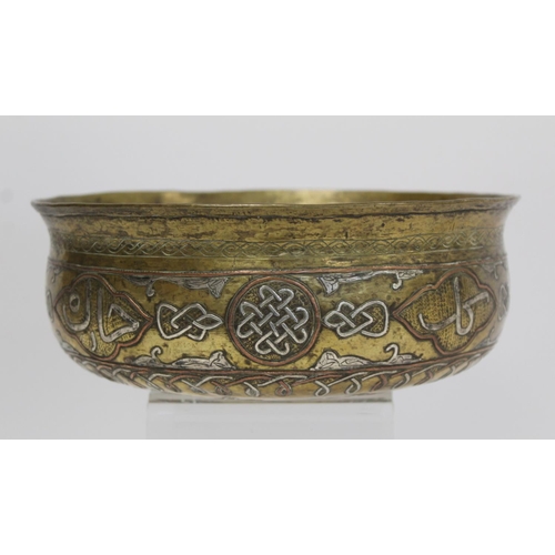 382 - A Mamluk Revival Damascus brass bowl of circular form, with incised and inlaid copper and white meta... 