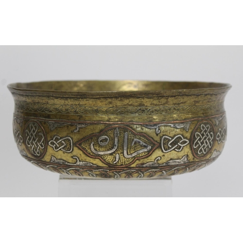 382 - A Mamluk Revival Damascus brass bowl of circular form, with incised and inlaid copper and white meta... 