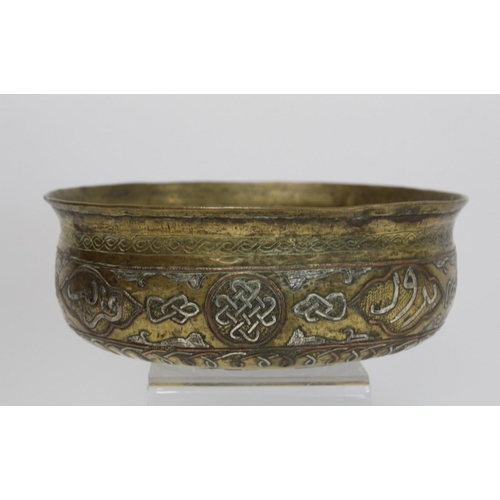 382 - A Mamluk Revival Damascus brass bowl of circular form, with incised and inlaid copper and white meta... 