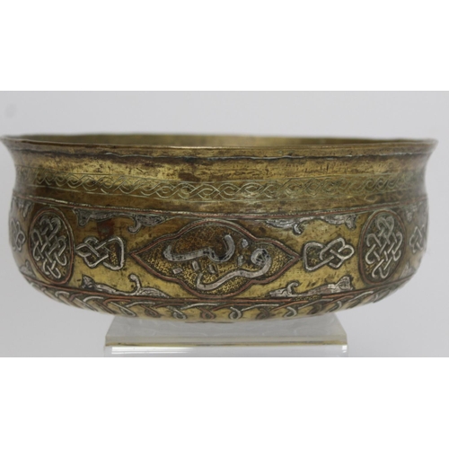 382 - A Mamluk Revival Damascus brass bowl of circular form, with incised and inlaid copper and white meta... 