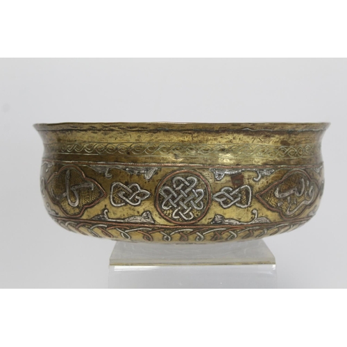 382 - A Mamluk Revival Damascus brass bowl of circular form, with incised and inlaid copper and white meta... 