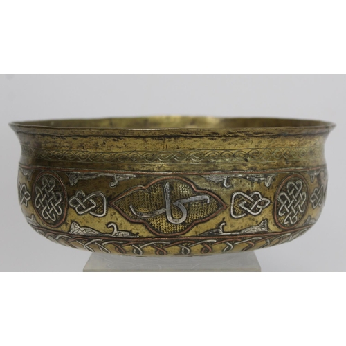 382 - A Mamluk Revival Damascus brass bowl of circular form, with incised and inlaid copper and white meta... 