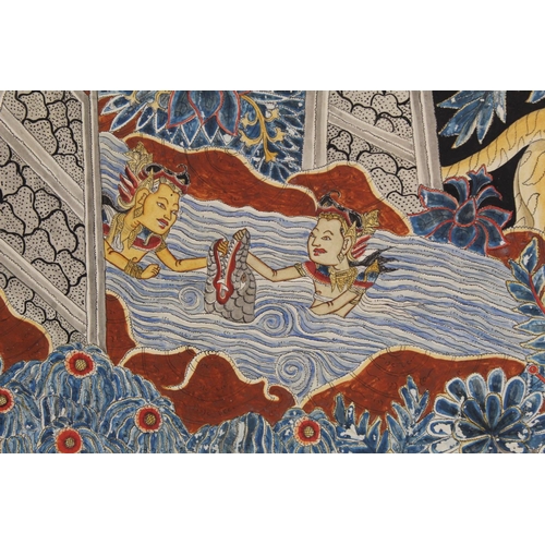 383 - Antique Balinese pen, ink and watercolour painting on paper of deities bathing in a forest with anim... 