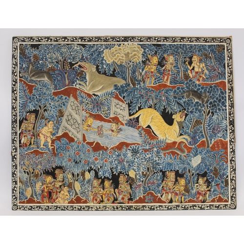 383 - Antique Balinese pen, ink and watercolour painting on paper of deities bathing in a forest with anim... 