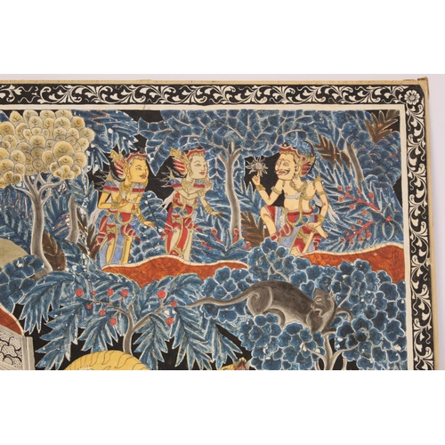 383 - Antique Balinese pen, ink and watercolour painting on paper of deities bathing in a forest with anim... 