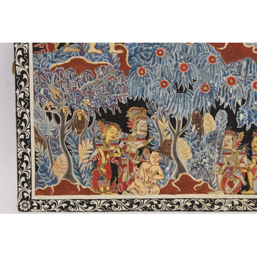 383 - Antique Balinese pen, ink and watercolour painting on paper of deities bathing in a forest with anim... 