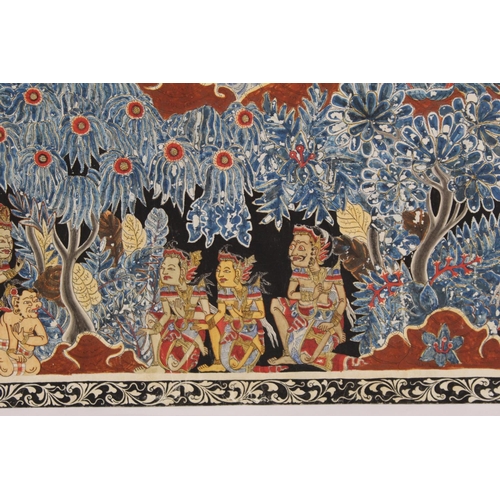 383 - Antique Balinese pen, ink and watercolour painting on paper of deities bathing in a forest with anim... 