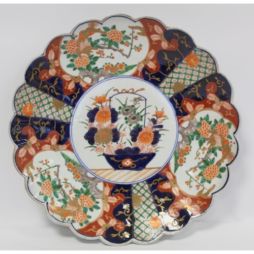 385 - Japanese Meiji period Imari charger of lobed circular form with central basket of flowers panel, wit... 