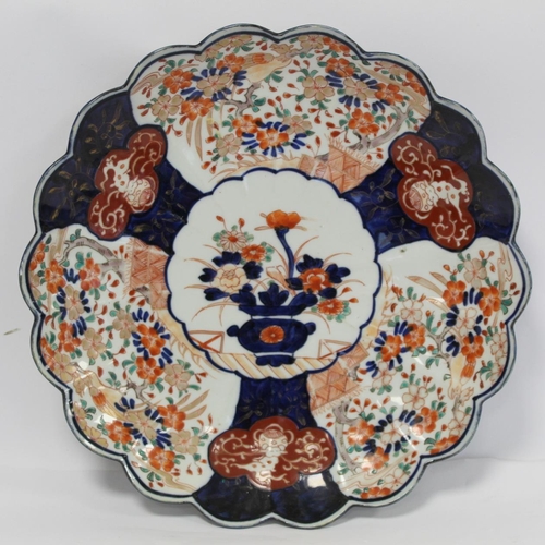 385 - Japanese Meiji period Imari charger of lobed circular form with central basket of flowers panel, wit... 