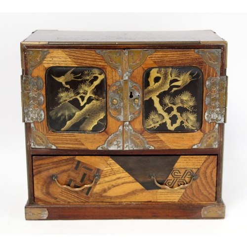 392 - Japanese Meiji period yosegi marquetry small table top cabinet of rectangular form, the two folding ... 