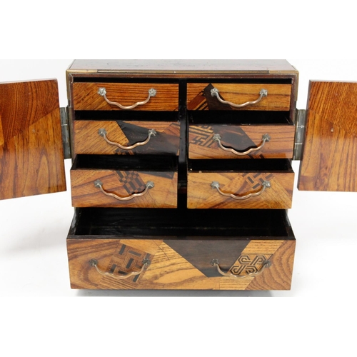 392 - Japanese Meiji period yosegi marquetry small table top cabinet of rectangular form, the two folding ... 