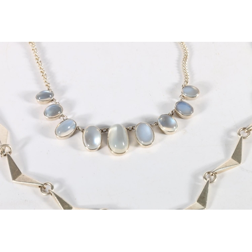 70 - Modernist sterling silver necklace, JDS, Edinburgh, 1965, 47 grams and a sterling silver moonstone s... 