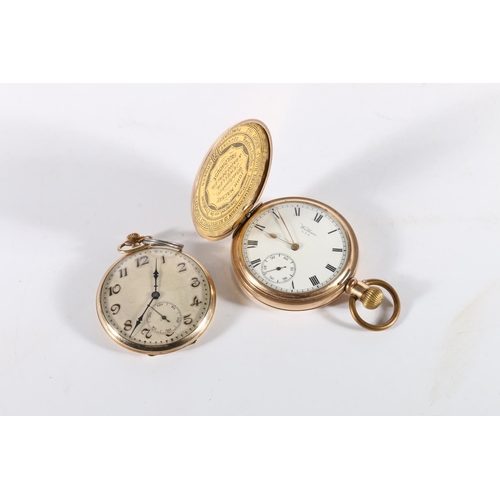 77 - Gold plated Waltham of USA pocket watch and a Swiss gold plated pocket watch.