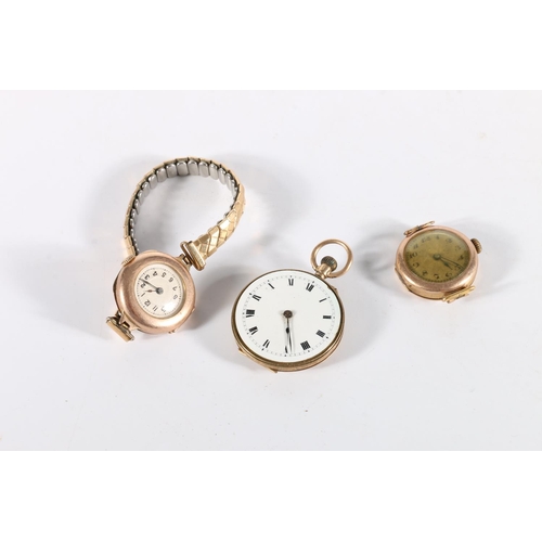 79 - 12ct gold part pocket watch (a/f), ladies 9ct gold cased wristwatch and another 9ct gold ladies wris... 