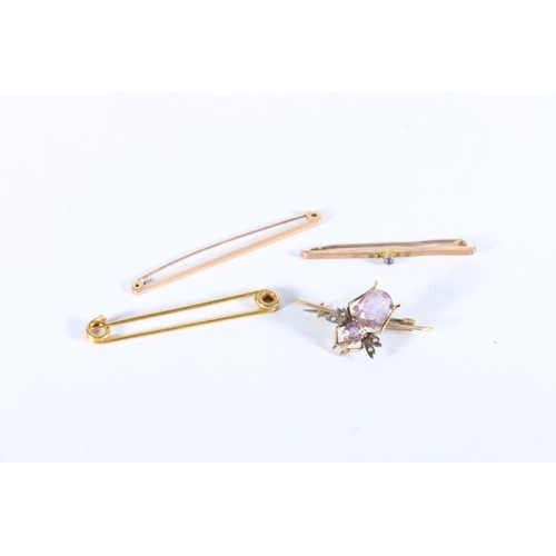 83 - Three 9ct gold brooches, 7g and another with faceted amethyst insect mount, 3.1g.