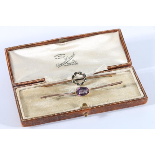 84 - 9ct gold brooch with pear shaped set stones and a 9ct gold amethyst set brooch, 3.9g.