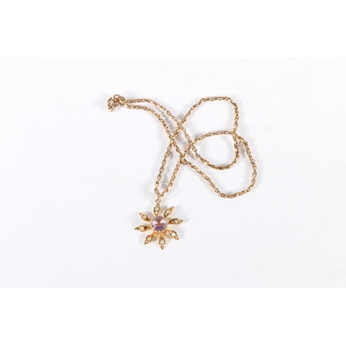 88 - 9ct gold necklace with 15ct gold drop pendant set with seed pearls and faceted amethyst, 8.6g.