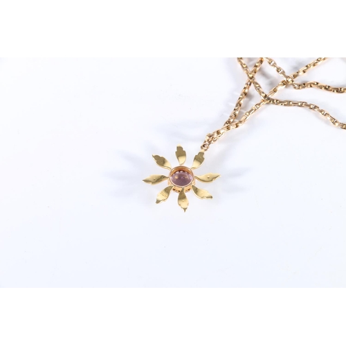 88 - 9ct gold necklace with 15ct gold drop pendant set with seed pearls and faceted amethyst, 8.6g.