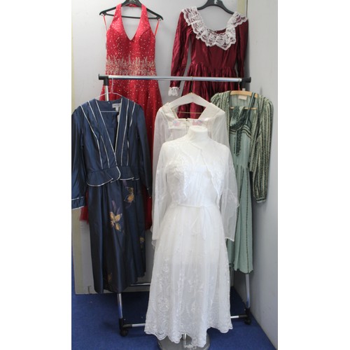 448 - Collection of vintage lady's clothing comprising of French lace short and strapless wedding dress, w... 