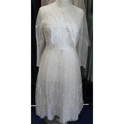 448 - Collection of vintage lady's clothing comprising of French lace short and strapless wedding dress, w... 