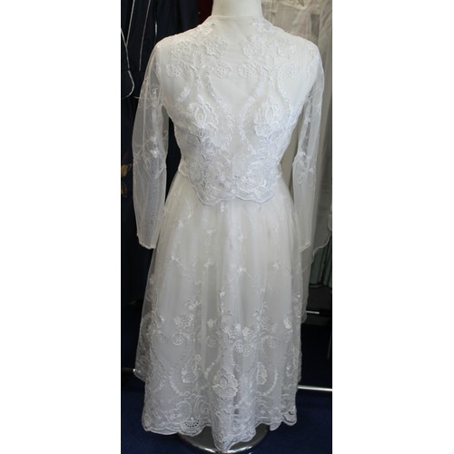 448 - Collection of vintage lady's clothing comprising of French lace short and strapless wedding dress, w... 