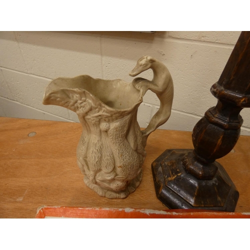 59 - Vintage oak candle stick, Pifco trouser press and a hunting themed jug.