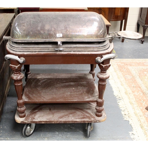 491 - Catering meat serving/carving trolley, circa 1920s, with a revolving silver plated domes cloche cove... 