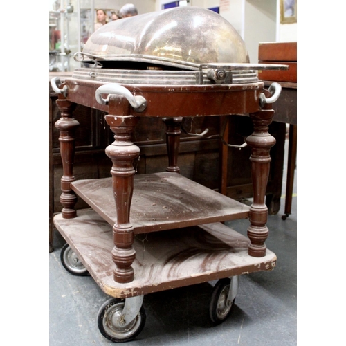 491 - Catering meat serving/carving trolley, circa 1920s, with a revolving silver plated domes cloche cove... 