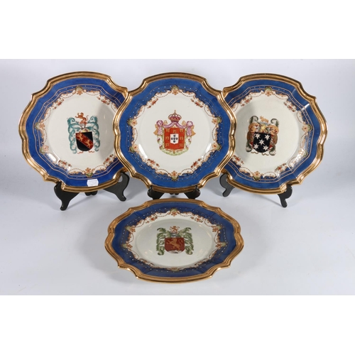 7 - Set of four pottery dishes, each with hand painted armorial crests in the manner of Samson of Paris,... 