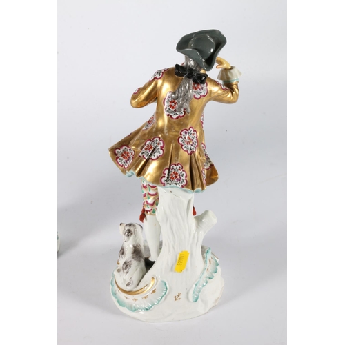 9 - Pair of English porcelain figures modelled as a gentleman with dog at his feet and a lady with lamb,... 