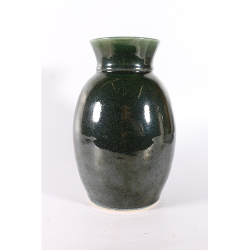 30 - Studio Pottery baluster vase, with bluey green mottled glaze, 23cm tall.