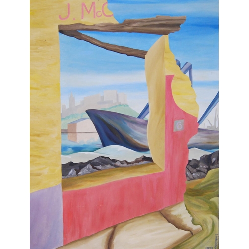 65 - Linklater (Contemporary)Abstract subject with a boat to the foreground, castle and cranes to the bac... 