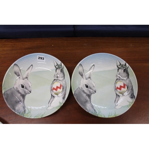 173 - Two Royal Stafford rabbit and eggs design dinner plates with hand painted rabbit design and two matc... 