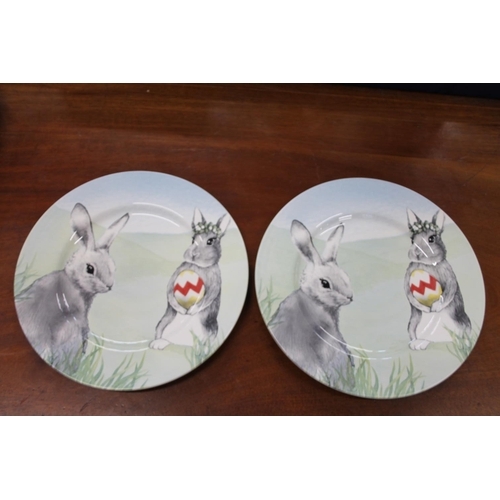 173 - Two Royal Stafford rabbit and eggs design dinner plates with hand painted rabbit design and two matc... 