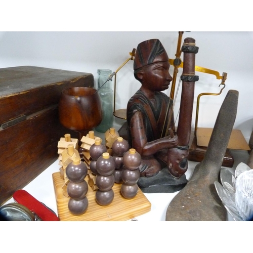 103 - Brass pump, wooden box, shoe lasts, John Dewar whisky glass etc (one shelf).