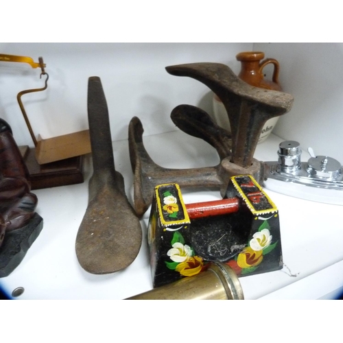 103 - Brass pump, wooden box, shoe lasts, John Dewar whisky glass etc (one shelf).