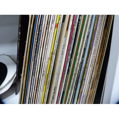 104 - Collection of LPs, camera, books etc (one shelf).