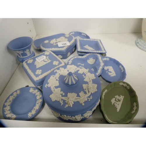 106 - Collection of Wedgwood blue and green Jasper ware including dishes, trinket box etc.