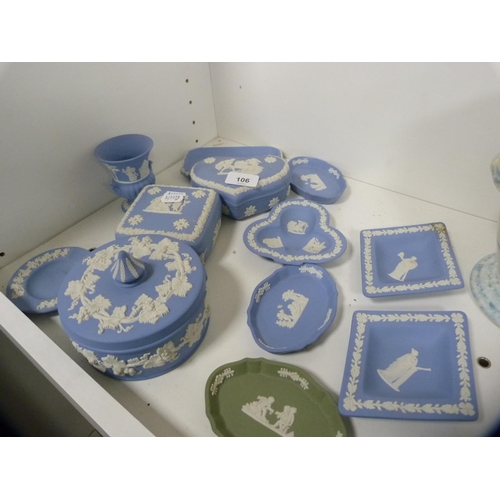 106 - Collection of Wedgwood blue and green Jasper ware including dishes, trinket box etc.