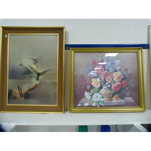 118 - SangalliBirds in flight and a colour print of a floral still life.(2)